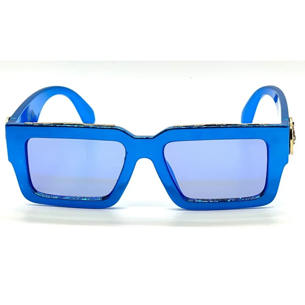 Blue Shinny Mirror Reflective Sunglasses Gold Accent Designer Fashion Shades Hot